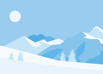 Serene Blue Mountain Landscape with Snowy Peaks and Minimalist Winter Scenery