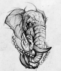 Hand-drawn pencil sketch of a mystical elephant with a human hand gesture. High-quality graphic scan, perfect for tattoo ideas, art prints, and creative designs. Detailed manual artwork.