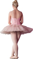 Ballet dancer is standing back flat design wearing pink lace tutu plain white background copy space