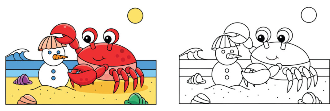Funny vector illustration of a crab making a sandman on a beach Isolated on a white backdrop this adorable marine animal summer holiday scene has a black and white outline for a coloring book page