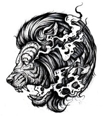 Hand-drawn pencil sketch of a majestic lion head with mystical smoke elements. High-quality graphic scan, perfect for tattoo ideas, art prints, and apparel design. Detailed manual artwork.