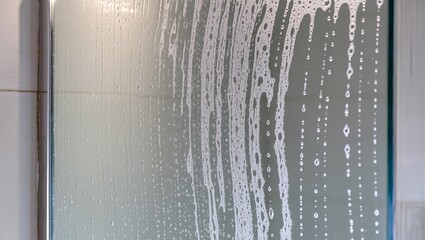 Close-up of shower cabin glass covered with water droplets and soap foam streaks. Textured glass surface highlights bathroom hygiene, shower cleaning, and modern bathroom care