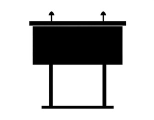 Simplified, graphic representation of an informational sign with two arched pegs. Solid black shapes against white backdrop