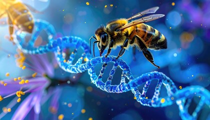 Honeybees explore a glowing DNA double helix, with bokeh background