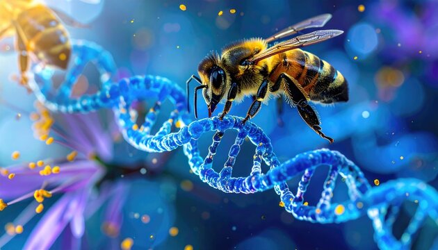 Honeybees explore a glowing DNA double helix, with bokeh background - Powered by Adobe