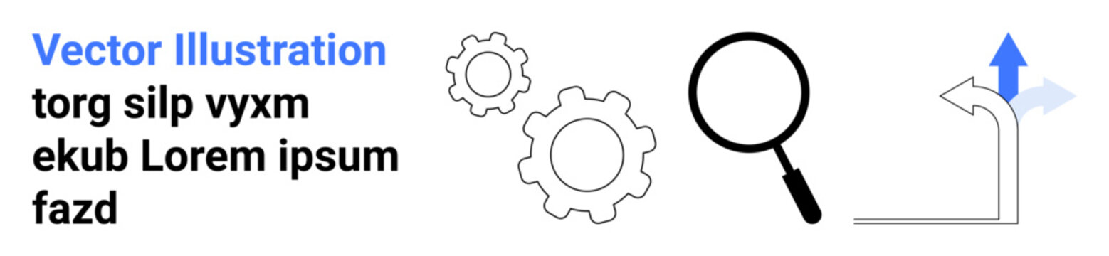 Process optimization, problem solving, analysis, navigation, direction, innovation. Three gears, a magnifying glass and an arrow pointing to a split path. Process optimization and analysis concept