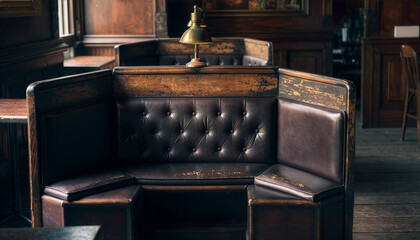 Secluded vintage leather booth in a dimly lit tavern