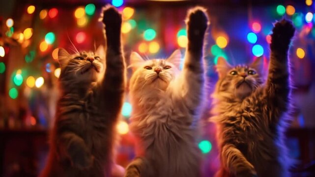 Three fluffy cats raise paws beneath twinkling multicolored lights, festive and adorable,joyful. so!