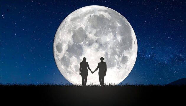Silhouetted couple holding hands, watching a full moon, with a starry sky background. Landscape includes a grassy foreground and distant hills - Powered by Adobe