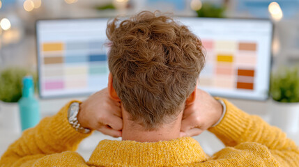 Modern office workspace with employee relaxing at desk surrounded by screens