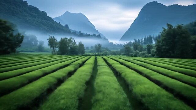 Vast, misty tea plantation stretches toward majestic, fog-shrouded mountains
