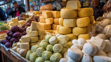 caciocavallo. A bustling market stall piled high with traditional cheeses, a prominent caciocavallo at center. menu design.