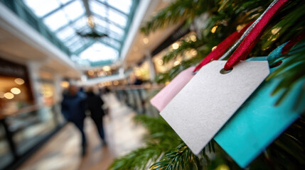 Holiday shopping event with charity donation tags on christmas tree