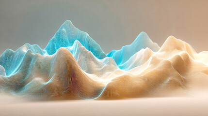 Wavy lines shift into mountain forms showing a contrast of neon blue and beige on a soft pastel background. Details highlight the digital and natural blend