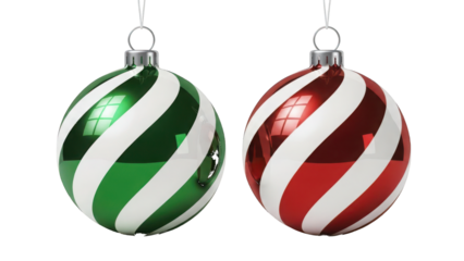 Two shiny Christmas ornaments with green and red swirls on white background isolated on a transparent background
