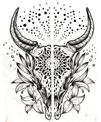 Hand-drawn pencil sketch of a bison skull with geometric patterns and lilies. High-quality graphic scan, perfect for tattoo ideas, art prints, and apparel design. Detailed manual artwork.