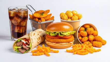 Delicious Fast Food Meal with Burger, Wrap, Snacks, and Soda