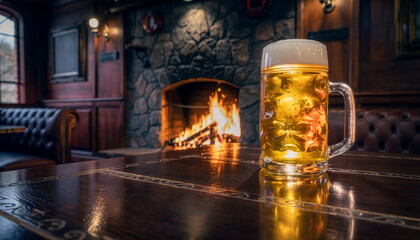 Light lager beer in a dimpled mug by a stone fireplace
