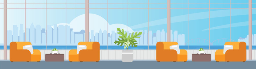 Cityscape river bay view with resting area zone lobby and sofa for sitting.