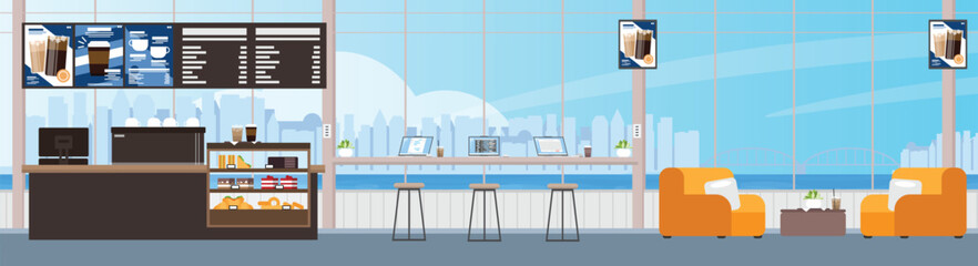 Interior coffee shop background without people, Coffee shop with a large window view of cityscape.