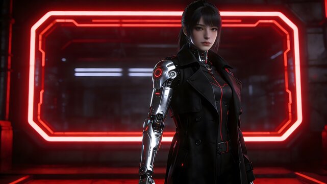 Futuristic Cybernetic Woman in Neon Red Sci-Fi Setting - Powered by Adobe