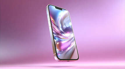 Modern smartphone with sleek design floating against a pink-purple gradient background.