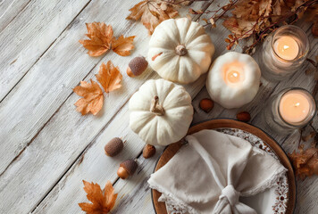 Thanksgiving Table Setting with Pumpkins and Candles