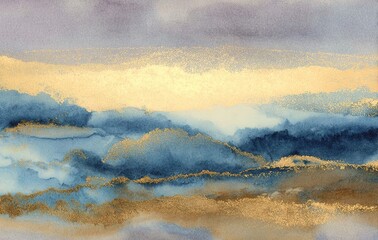 Abstract Watercolor Landscape with Gold Accents