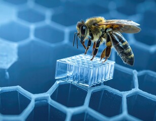 A close-up of a bee standing on a small, hexagonal structure, blue background
