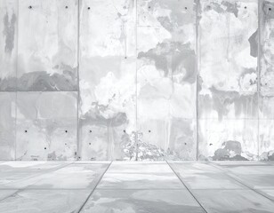 Abstract gray wall with textured panels and tiled floor