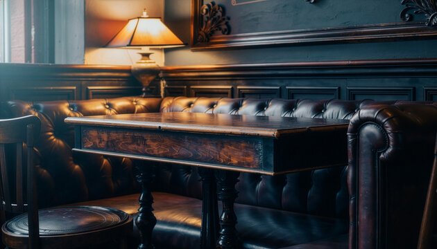 Corner booth with leather seating and a lamp in a pub