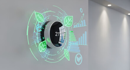 Innovative IoT setup in smart house with modern thermostat connected to wireless network, offering convenient temperature control.