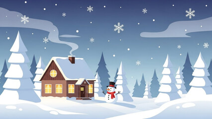 Naklejka premium Cozy winter scene with snowman, house, trees, snowflakes, and night sky, evoking festive holiday cheer and warm atmosphere