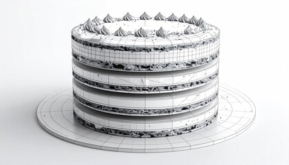 Architectural rendering of a multi-layered cake on a plate