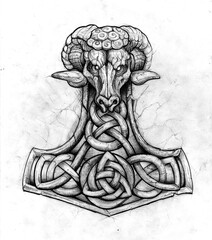 Hand-drawn pencil sketch of Mjolnir with a ram head and Celtic knots. High-quality graphic scan, perfect for tattoo ideas, art prints, and Norse mythology designs. Detailed manual artwork.