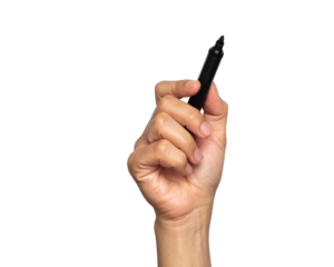Female hand holding a black marker and about to write on a blank background 