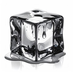 Metallic cube, melting and reflecting. Isolated against white background