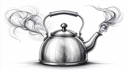 A silver kettle releasing wisps of steam on a white background