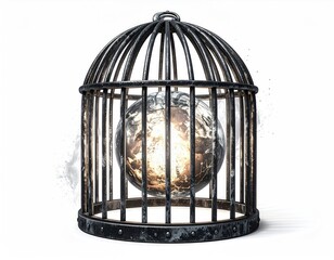 A glowing orb caged within wrought iron, isolated on white