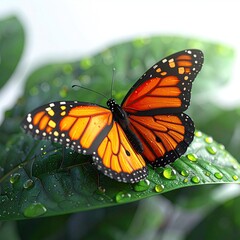 Monarch butterfly with open wings rests on a vibrant, wet, green leaf
