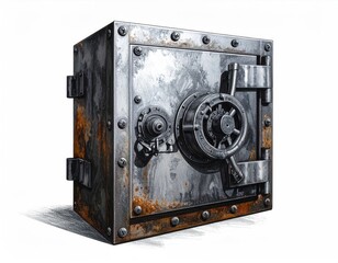 A weathered, metallic safe with a combination dial and heavy door