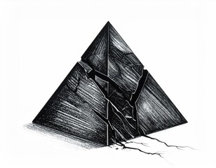 A broken, dark pyramid with cracks; rendered in shaded monochrome style