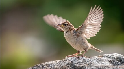 genuineness. A young bird attempting its first flight with awkward wing movements in soft morning light. wildlife magazines, conservation campaigns, designed for wildlife conservation campaigns.