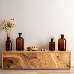 Wooden cabinet with amber vases, wheat, and a bowl of walnuts against white wall