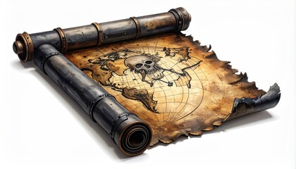Old map with skull symbol unfurled, rolled up with metal tubes