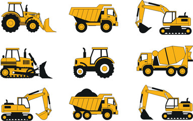 Construction and agricultural vehicles illustration, tractor, dump truck, excavator, bulldozer, cement mixer, heavy machinery, industrial equipment, site work, farming