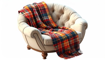 Creamy armchair with patterned blanket draped over it, isolated