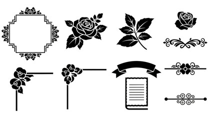 Black silhouette vector set of elegant floral and decorative design elements including roses, leaves, frames, corners, dividers, a ribbon, and a book. © tr