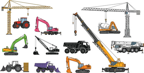 Construction machinery illustration set, tower cranes, tractors, excavators, crawler crane, dump trucks, cement mixer, mobile crane, heavy equipment © Ayejoddin