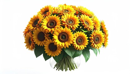 A lush bouquet of vibrant yellow sunflowers, against a white background